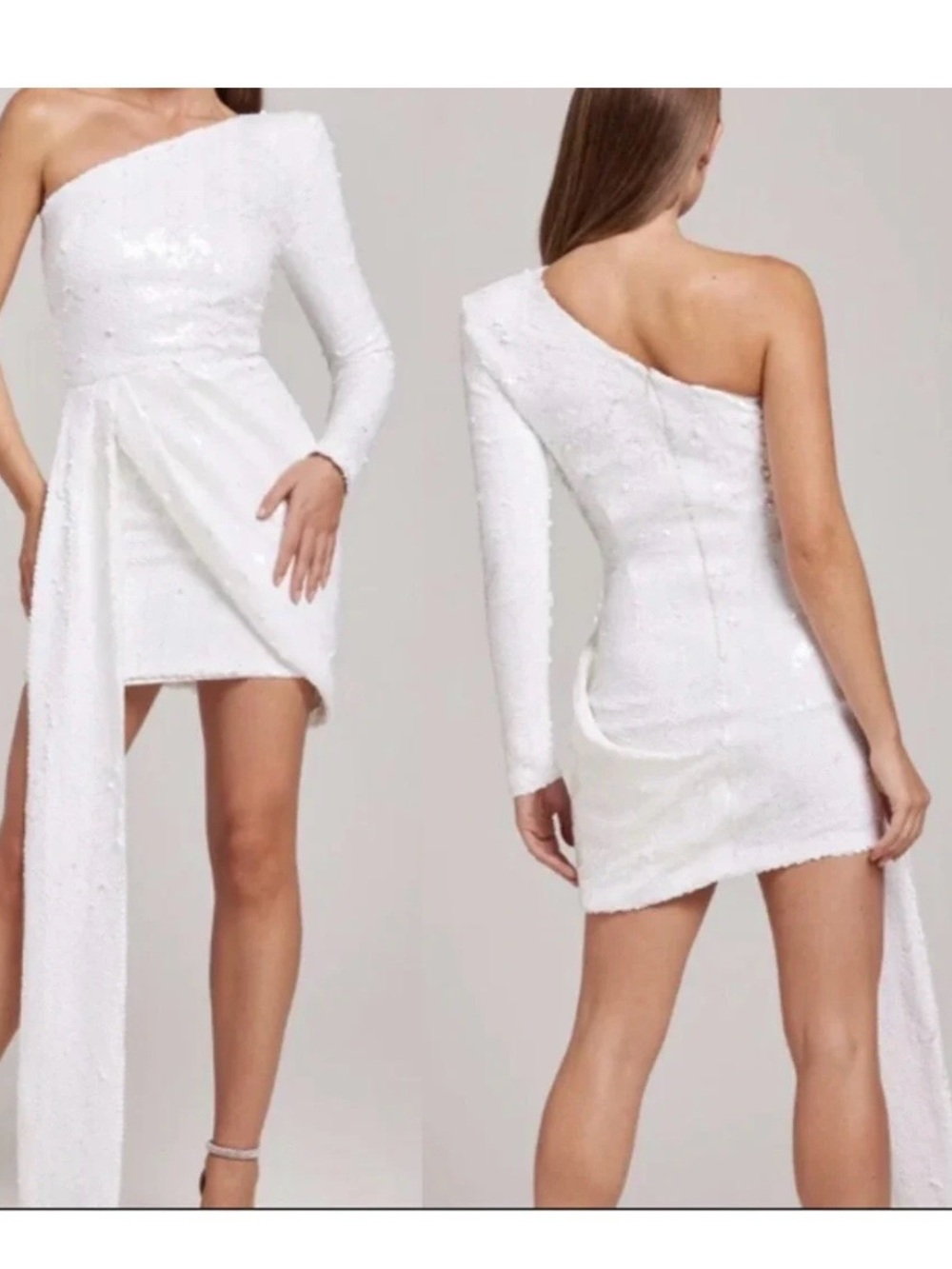 NADINE MERABI White One-Shoulder Sequin Mini Dress with Draped Sash